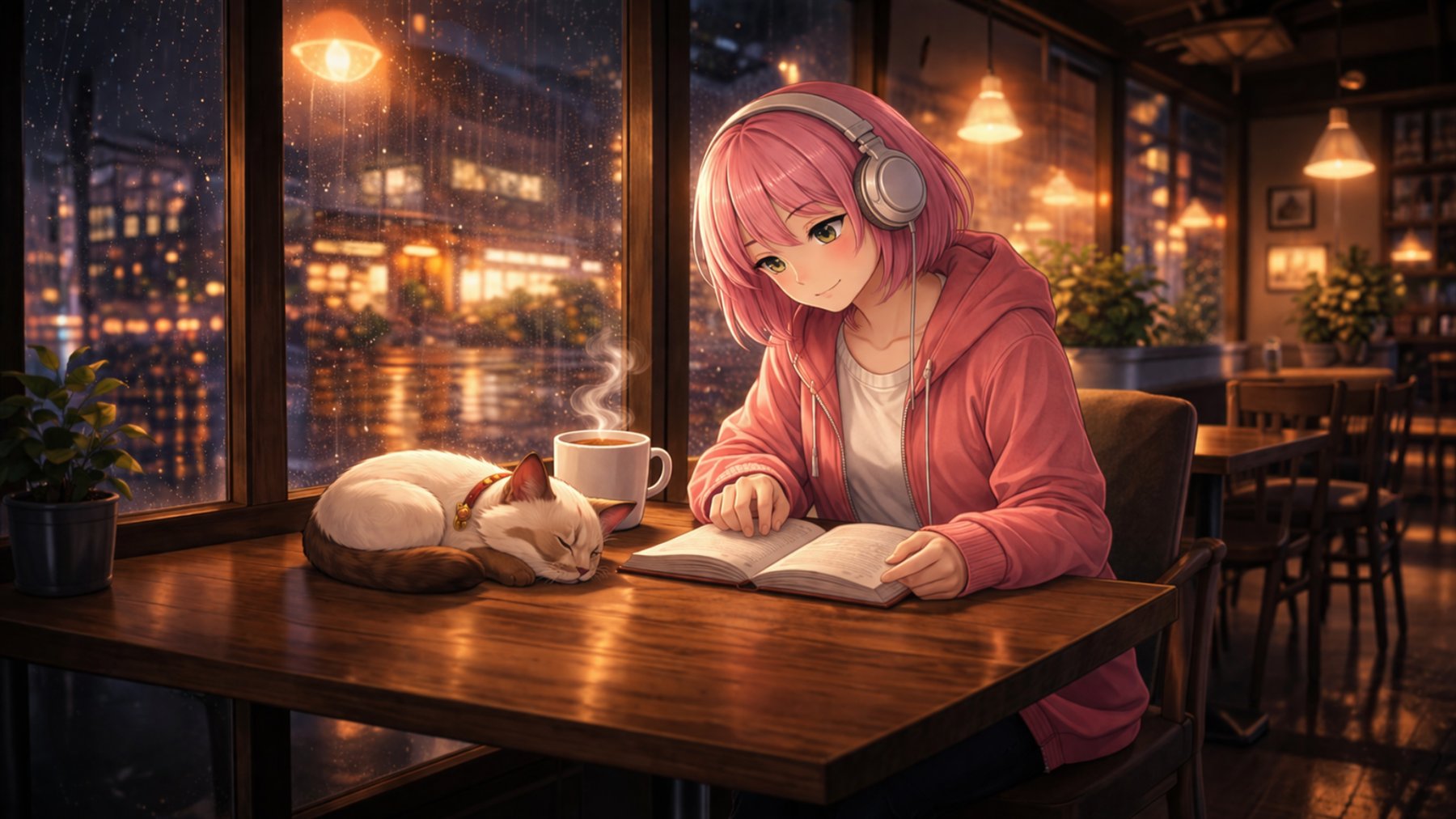 Nagi and Kumo inside a rainy cafe at night
