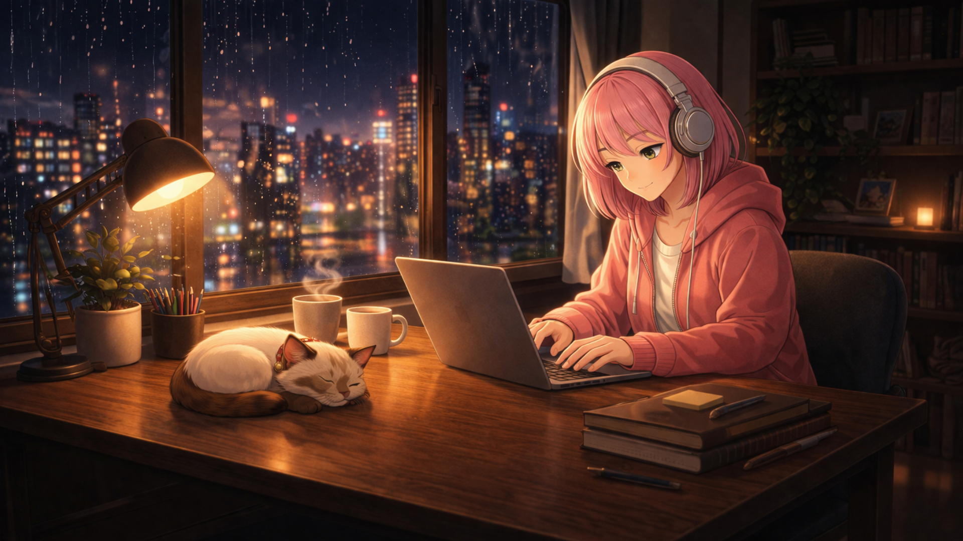 Nagi studying at a rainy desk at night