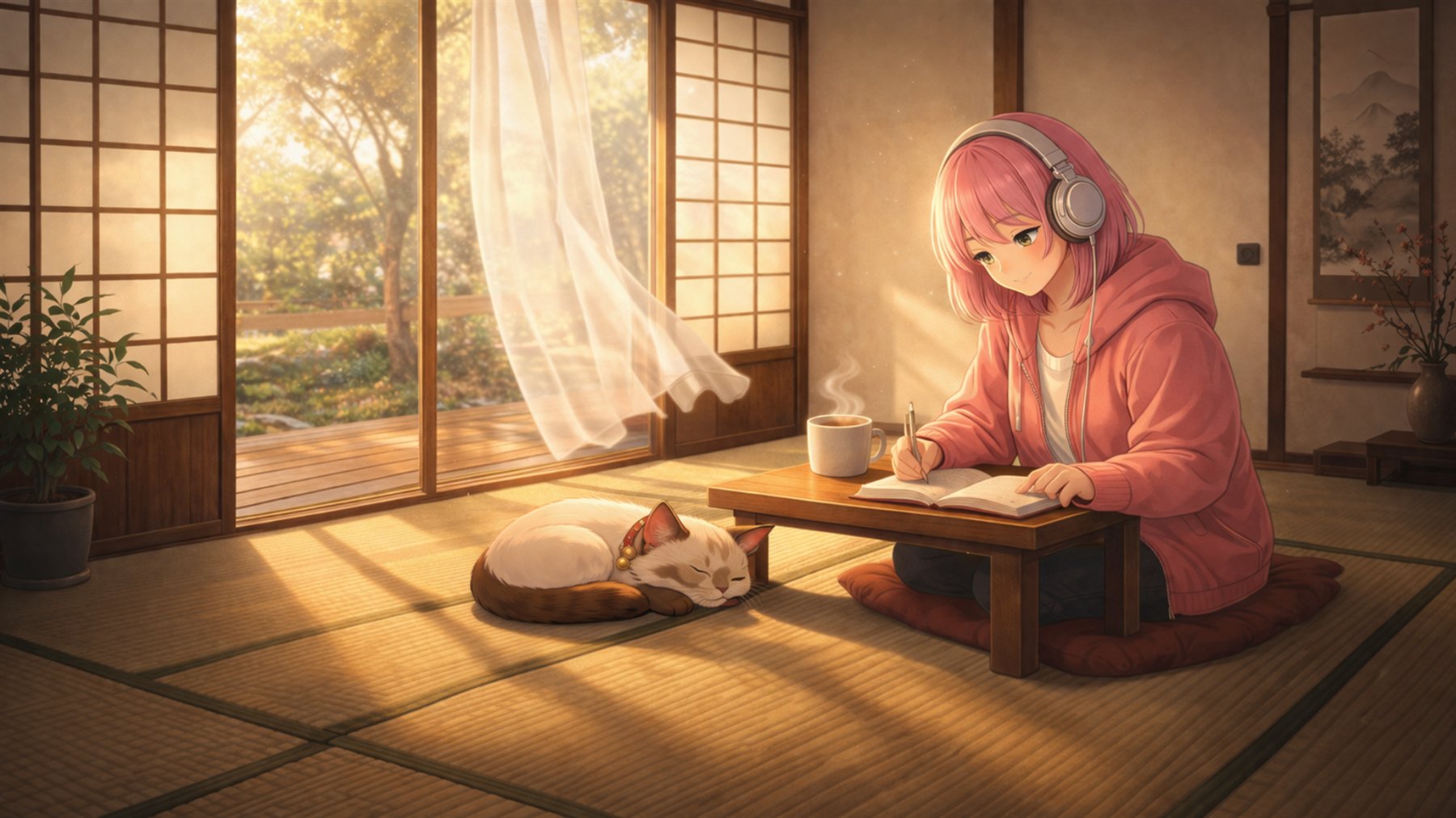 Nagi writing beside Kumo in a warm tatami room