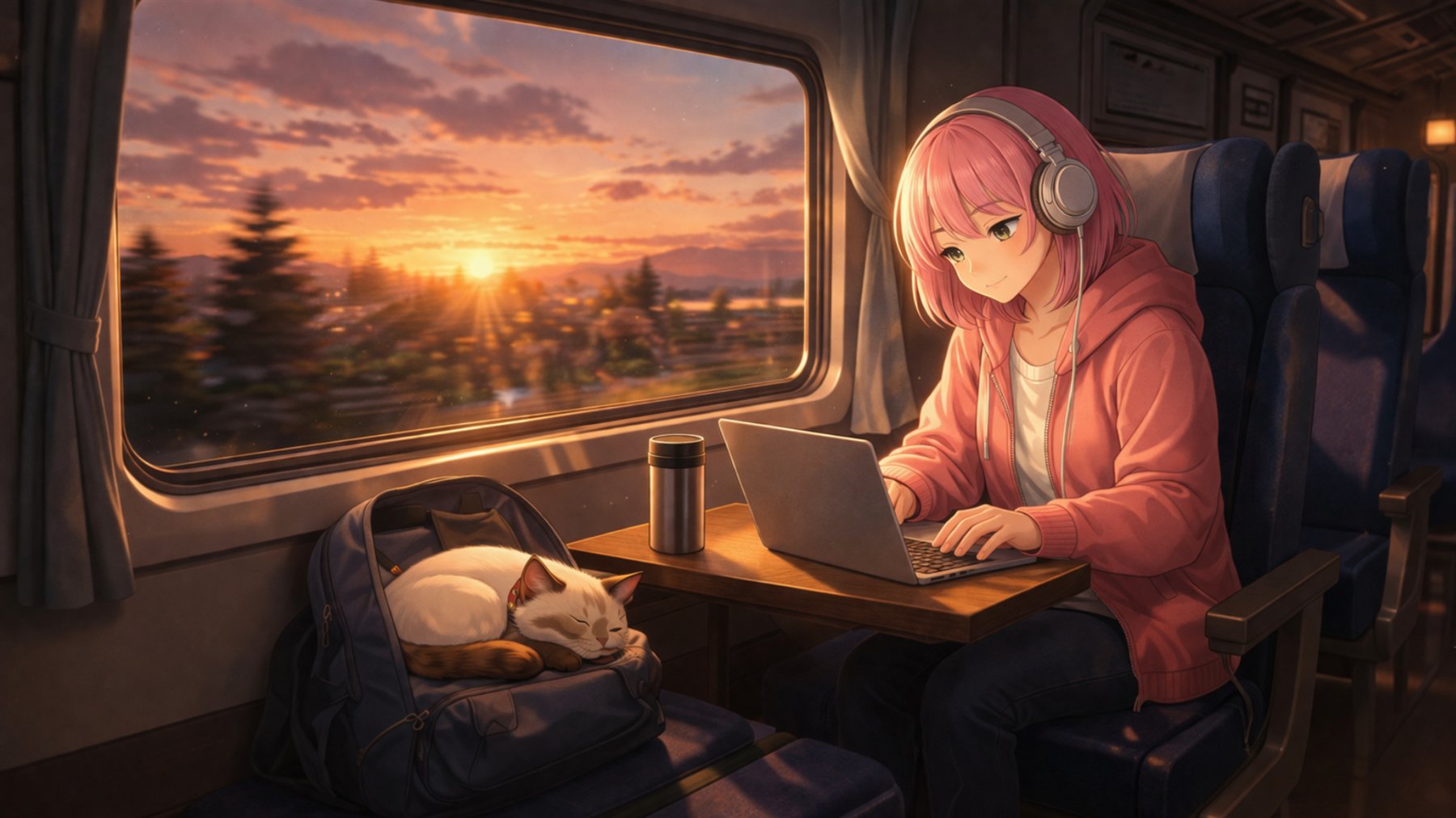 Nagi and Kumo riding a train at sunset