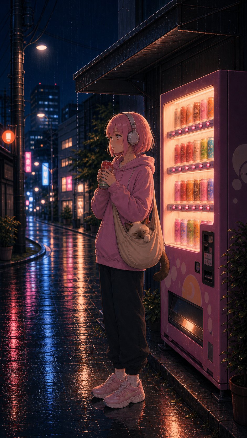 Nagi standing beside a glowing vending machine on a rainy night